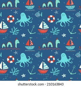 Summer seamless pattern with sea creatures, ships and octopus on blue background