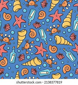 Summer seamless pattern with sea doodles: shells, crabs, starfish, bubbles, etc. Good for kids textile prints, wrapping paper, wallpaper, stationary, scrapbooking, etc. EPS 10