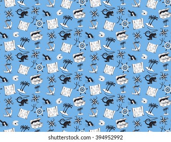 Summer seamless pattern with sea elements and adventures symbols. Piracy style. Blue background