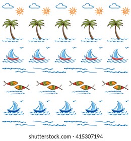 Summer seamless pattern with sea, fish, palm trees for your design. Wrapping paper, cloth. Doodles, sketch. Hand drawn color elements for your design. Vector illustration.