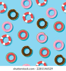 Summer seamless pattern. Sea, ocean, pool pattern with lifebuoy. Vector illustration.