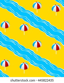 Summer seamless pattern with  with the sea, parasol. 3d style.Vector illustration