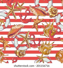 Summer Seamless Pattern  with Sea Shells, Anchor, Lifeline on Striped Background