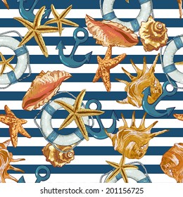 Summer Seamless Pattern  with Sea Shells, Anchor, Lifeline on Striped Background