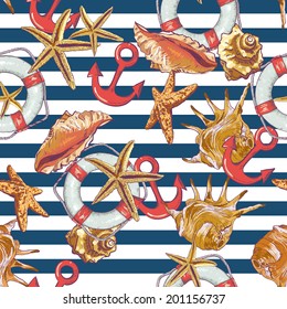 Summer Seamless Pattern  with Sea Shells, Anchor, Lifeline on Striped Background