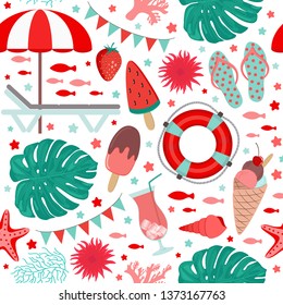 Summer seamless pattern. Sea vacation objects. Deck chair with sunshade umbrella. Flip flops beach shoes. Living coral. Ice cream Popsicle chocolate and watermelon. Bright backdrop. Vivid wallpaper. 