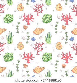 Summer seamless pattern, sea world, seaweed, seashells, children 