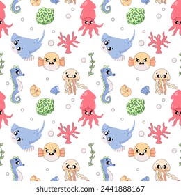 Summer seamless pattern, sea world, fugu fish, stingray, squid, seahorse and whale, child.