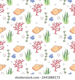 Summer seamless pattern, sea world, seaweed, seashells, children 