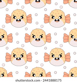 Summer seamless pattern, sea world, cute fugu fish, baby.