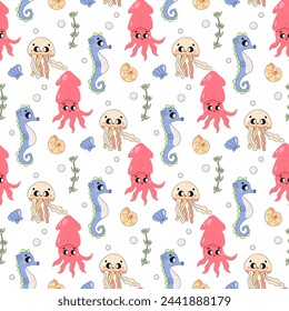 Summer seamless pattern, sea world, fugu fish, stingray, squid, seahorse and whale, child.