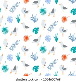 Summer seamless pattern with seagulls in vector. Cute cartoon seagulls and tropical leaves. Good for print.