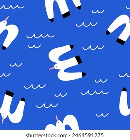 Summer seamless pattern with seagulls and waves. Vector illustration