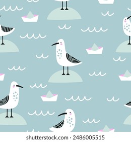 Summer seamless pattern with seagulls and waves. Vector illustration