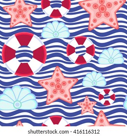 Summer seamless pattern with seashell, star and Lifebuoy on blue wave stroke background. Vector illustration.