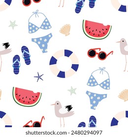 Summer seamless pattern with seasonal elements, seagull, swimsuit and beach accessories