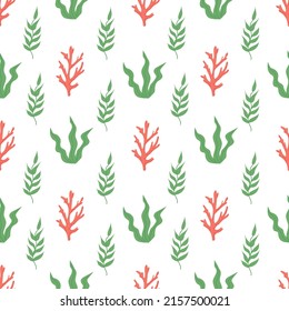 Summer seamless pattern with seaweed, corals and shells. Flat vector illustration