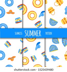 Summer seamless pattern set with beach accessories. Cartoon style. Vector illustration
