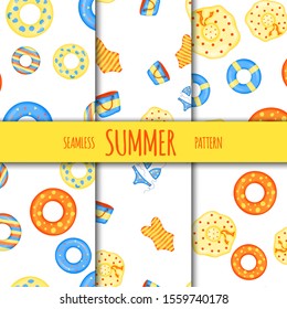 Summer seamless pattern set with beach accessories. Cartoon style. Vector illustration