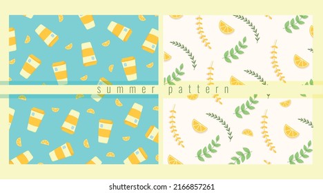 Summer seamless pattern set with tea cup, lemon and plants. Background with blue and white colours.