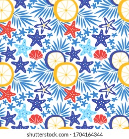 Summer seamless pattern with shell, sea star, sun umbrella, lemon and tropical leaves. Starfish tropical background vector illustration