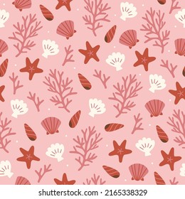 Summer seamless pattern with shell, starfish, corals on pink background. Perfect for greetings card, wallpaper, wrapping paper, fabric. Vector illustration