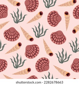 Summer seamless pattern with shells, seaweeds on pink background. Perfect for wrapping paper.