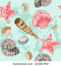 Summer seamless pattern of shells and starfish. Vector cartoon illustration.