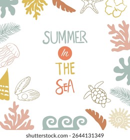 verão padrão sem emenda com concha, sol, coqueiro. Verão no mar em design quadrado