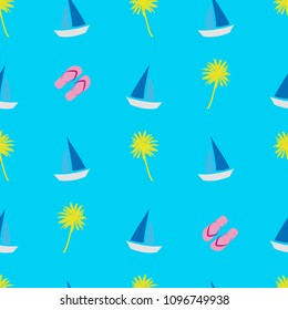 Summer seamless pattern. Ship, palm, flip flops, summer background. Yellow, pink on blue background. Exotic seamless pattern with palm, sailboat. Vector EPS10