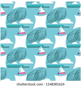 Summer seamless pattern. Ship, palm ropical summer background.