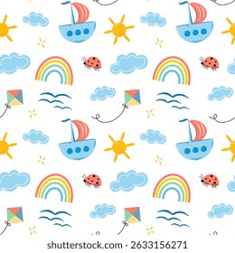 Summer seamless pattern with ship, rainbow, lady bug, kit and clouds.