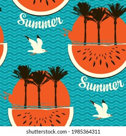 Summer seamless pattern with silhouettes of palm trees, big red sun, watermelon slices and seagulls on a blue backdrop with waves. Tropical vector background, Wallpaper design, wrapping paper, fabric