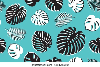 Summer seamless pattern with silhouettes of tropical leaves for textile, wallpapers, gift wrap, covers, scrapbook. Vector.
