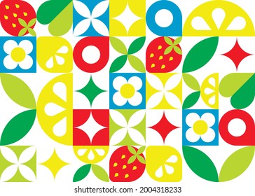 Summer seamless pattern of simple shapes with strawberries and lemon slices. Vector abstract illustration with fruit. Mosaic print