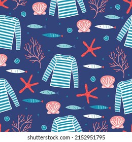 Summer seamless pattern with singlet, seaweed, shell, fish, starfish, bubbles on blue background. Perfect for greetings cards, wallpaper, wrapping paper, fabric. Vector illustration