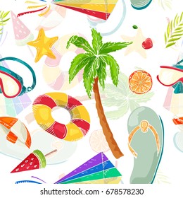 Summer seamless pattern. Sketch elements on a beach theme. Vector illustration.