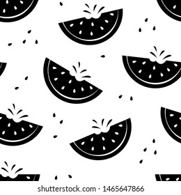 Summer seamless pattern with slice watermelons, black and white design. Vector illustration