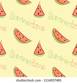 Summer seamless pattern with slices of watermelon and inscription Summertime on bright background. Textile print, wallpaper or backdrop with repeating elements in yellow, red, green, black colors.