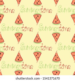 Summer seamless pattern with slices of watermelon and inscription Summertime on bright background. Textile print, wallpaper or backdrop with repeating elements in yellow, red, green, black colors.