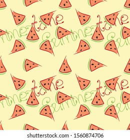 Summer seamless pattern with slices of watermelon and inscription Summertime on bright background. Textile print, wallpaper or backdrop with repeating elements in yellow, red, green, black colors.