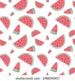 Patrón veraniego sin costuras con rodajas de sandía. Textura interminable con rodajas jugosas de sandía cortada. Ilustración vectorial en estilo de moda de dibujos animados con trazos
