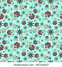 Summer seamless pattern of small flowers with stalks on a blue background. Vector illustration.