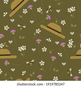 summer seamless pattern with small meadow grasses on a green background with white daisies, thistles, bees and bumblebees, hearts and an embroidery hat