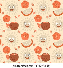 Summer seamless pattern with smiling suns, flowers, coconuts, watermelons and strawberries