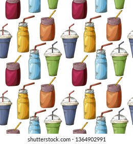 Summer seamless pattern with smoothies. Sketch style with fruits and vegetables. Vector illustration.