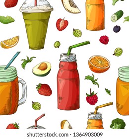 Summer seamless pattern with smoothies. Sketch style with fruits and vegetables. Vector illustration.