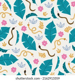 Summer seamless pattern with snake, flower, palm leaves on white background. Perfect for greetings card, wallpaper, wrapping paper, fabric. Vector kids illustration