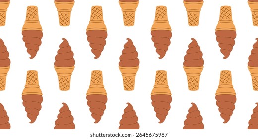 Summer seamless pattern soft chocolate brow ice cream, gelato in waffle cone on white background. Cartoon style. Wallpaper National Ice Cream Day. Hand drawn Flat Vector illustration EPS10