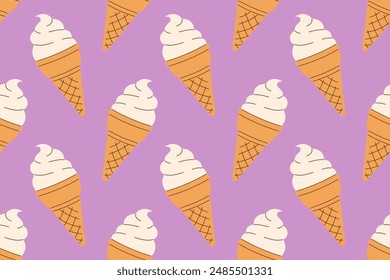 Summer seamless pattern soft vanilla ice cream, gelato in a waffle cone on a purple background. Wallpaper National Ice Cream Day. Hand drawn Flat Vector illustration EPS10 